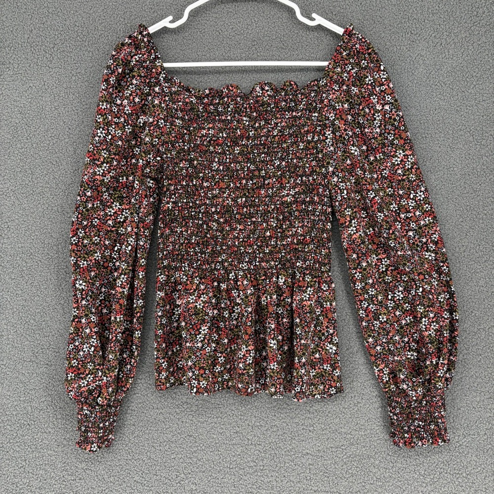 Max Studio Womens Floral Smocked Peplum Top Long Balloon Sleeve 9710D38A Multi